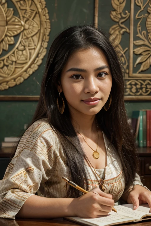 (best quality,4k,8k,highres,masterpiece:1.2),ultra-detailed,(realistic,photorealistic,photo-realistic:1.37),beautiful Indonesian woman with gorgeous eyes and long black hair,classroom setting with a blackboard and desks,sparkling eyes,big and bright smile,wearing a traditional Indonesian batik dress,gold earrings and necklace,detailed facial features like her rosy cheeks and flawless skin,books and notebooks on the desk,pencil and eraser in her hand,creative and studious expression,soft natural lighting,rich and vibrant colors depicting the Indonesian culture,portraits,Indonesian heritage,academic atmosphere,meticulous attention to detail,ethnic diversity in the background,beautiful patterned carpet.