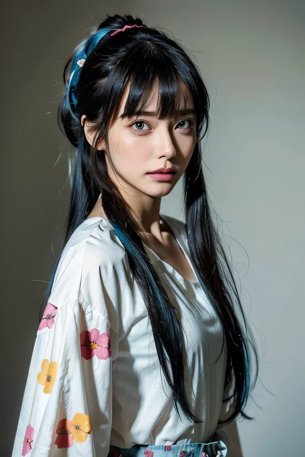 (masterpiece), (highest quality), (super detailed),(messy hair),(figure), (1 girl), (fashionable clothes), Are standing, Fashion Model, looking at the viewer, (interview), (simple background),detailed and beautiful eyes, delicate beautiful face, floating,(high color saturation),(colorful splashes),colorful bubble,(shining), focus on face, ponytail, kamisato ayaka, light blue hair, bangs, hair ring, floating flowers, floating hair, (shining), best writing, best shadow,high nose、no makeup、(narrow eyes)、intellectual