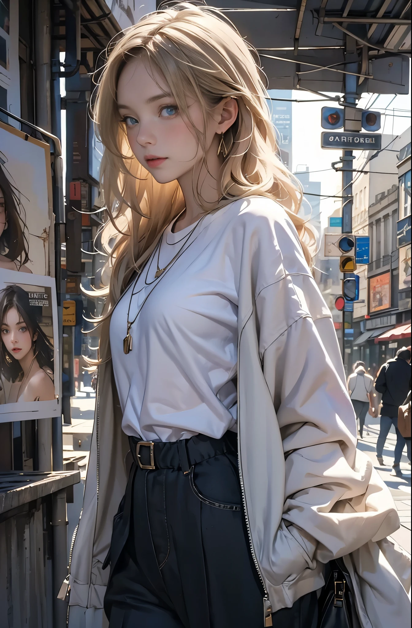Photo of a beautiful blonde caucasian woman standing on a street corner, Perfect model body shape, Stylish pants style, Stylish jacket, colorful purple shirt, Stylish hats, very stylish, with influence of Jeremy Mann, Jeremy Mann, style of Jeremy Mann, Jeremy Mann painting, Jeremy Mann art, Ron Hicks, Liepke, Jeremy Mann and alphonse mucha, Works that influenced Edmund Blampid, robert lenkiewicz, Casey Baugh and James Jean, Works that influenced Willem Kalf, Nick Alm, tumbler, figurative art, intense watercolor, watercolor detailed art,Beautiful and expressive paintings, Beautiful artwork illustration, wonderful, cool beauty, masterpiece, highest quality, official art, perfect composition, perfect angle, best shot, The perfect subject, women only, sharp outline, romantic, Moody, very beautiful and detailed eyes, beautiful and delicate eyes, ideal animation, sentimental, Paris, montparnasse, Close-up