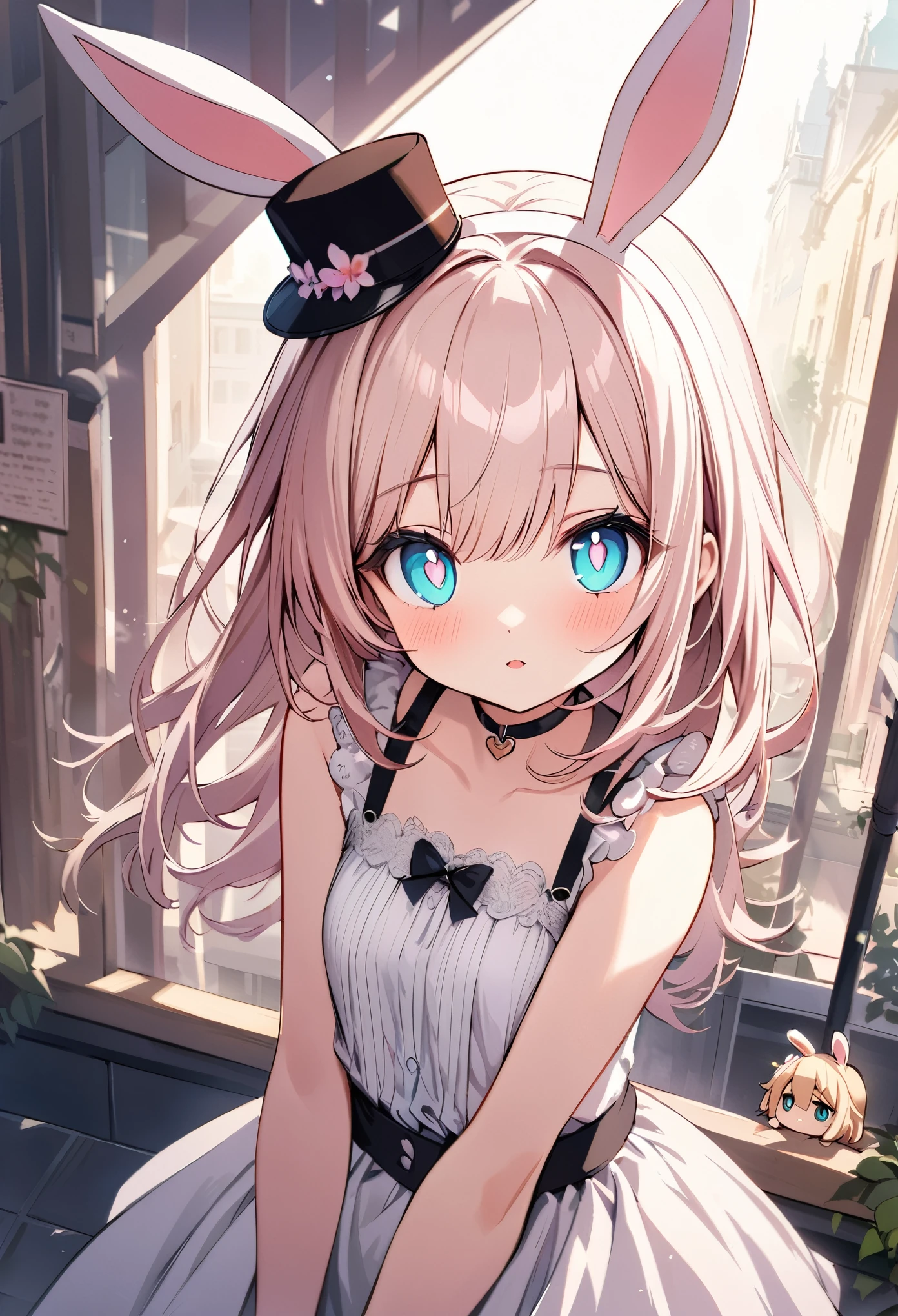chibi {Girl with shoulder-length pink straight hair named Rico}, ``Little hat with bunny ears'', (It feels like saying Hello, daytime hours), {going out style}, ((Heart-shaped choker) ), (Downtown), Bright background, Mole under the eye, Heart-shaped choker, ((Masterpiece)), Highly detailed CG Unity 8k wallpaper), Top quality, One girl, Detailed background, beautifully detailed eyes, bright pupils, (very delicate and beautiful)), ((beautiful) eyes (detailed description)