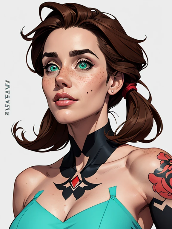 Character style illustration stylish looks showing breasts size fear largeCartoon Name: Isabella Cruz white background medium breasts face with freckles Jennifer Connelly actress strong contours Physical description - long straight hair, dyed a vibrant brown that contrasts with their pale skin.
- His eyes are an intense green, reflecting a mix of curiosity and determination.
- Ela tem uma estatura baixa, with a slim and agile figure, evidenciando sua agilidade e destreza.
- His appearance is adorned with several colorful tattoos that cover his arms and neck, each telling a different story of their past adventures.
 Design de personagens de retrato, beautiful digital illustration, retrato de alta qualidade, Arte em quadrinhos, Corpo inteiro sensualizando ou pelada