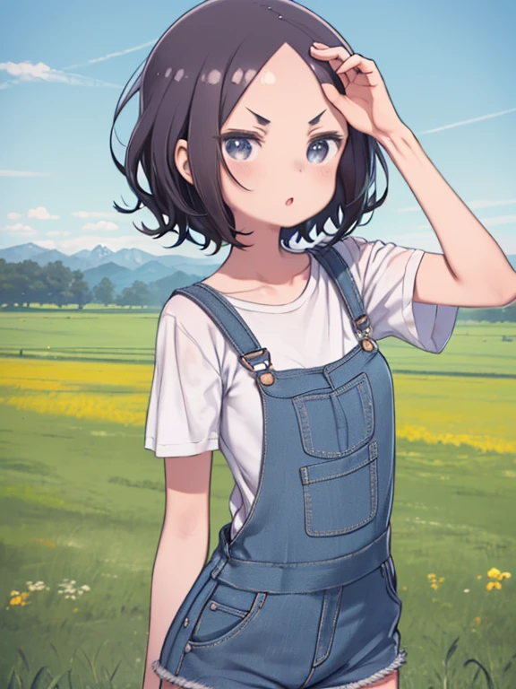 masterpiece, highest quality, Medium wide shot、cowboy shot、 girl、Dark-haired girl with short curly hair、、((small breasts、small breastouth open、△ mouth、White short-sleeved shirt、Blue overalls shorts、Put your hand on your forehead、Decisive pose、V-shaped eyebrows、grassland、blue sky、