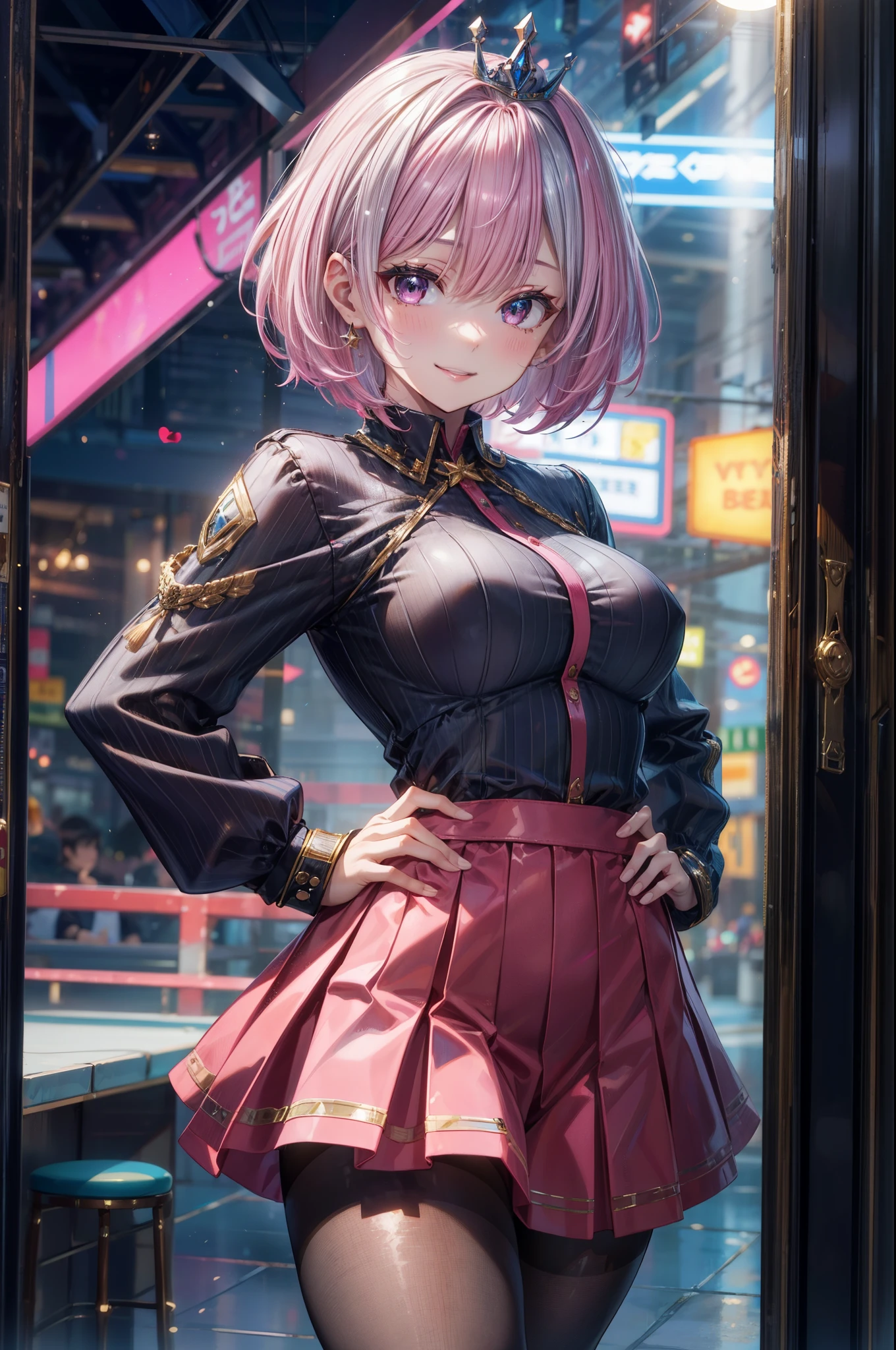 high waisted skirt sexy waitress costume, (looking at viewer), break, sexy, ((solo)), (1 woman), ((25 years old)), ((highest quality)), ((masterpiece)), (familiar), skindentation, perfect face, 8k , (cowboy shot), break, short hair, ((pink hair1.5)), bob cut, black eye, beautiful princess, smile, metallic costume, medium breasts, perfect limbs, (visible nipples:0.8), (camel toe:0.8), sexy,