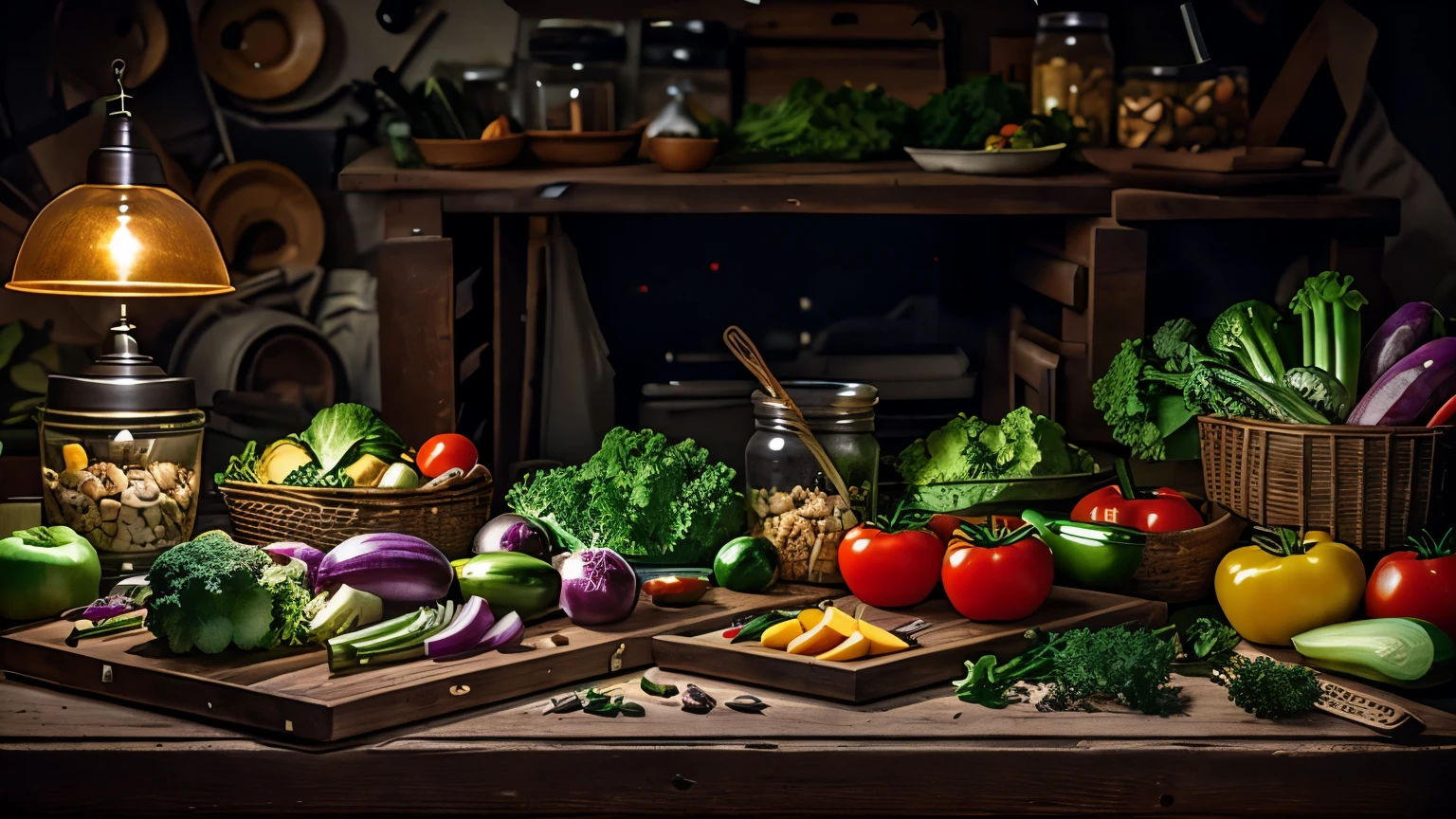 table full of vegetables, one eg behind the vegetablrs, cinematic lights
