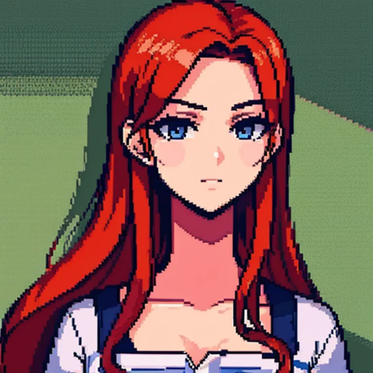 hcnone, pixel art, best quality, 1female, mature, girl, curvy body, long loose black T-shirt, red hair, blue eyes, half body, (gigantic breasts), detailed face and eyes, dynamic lighting