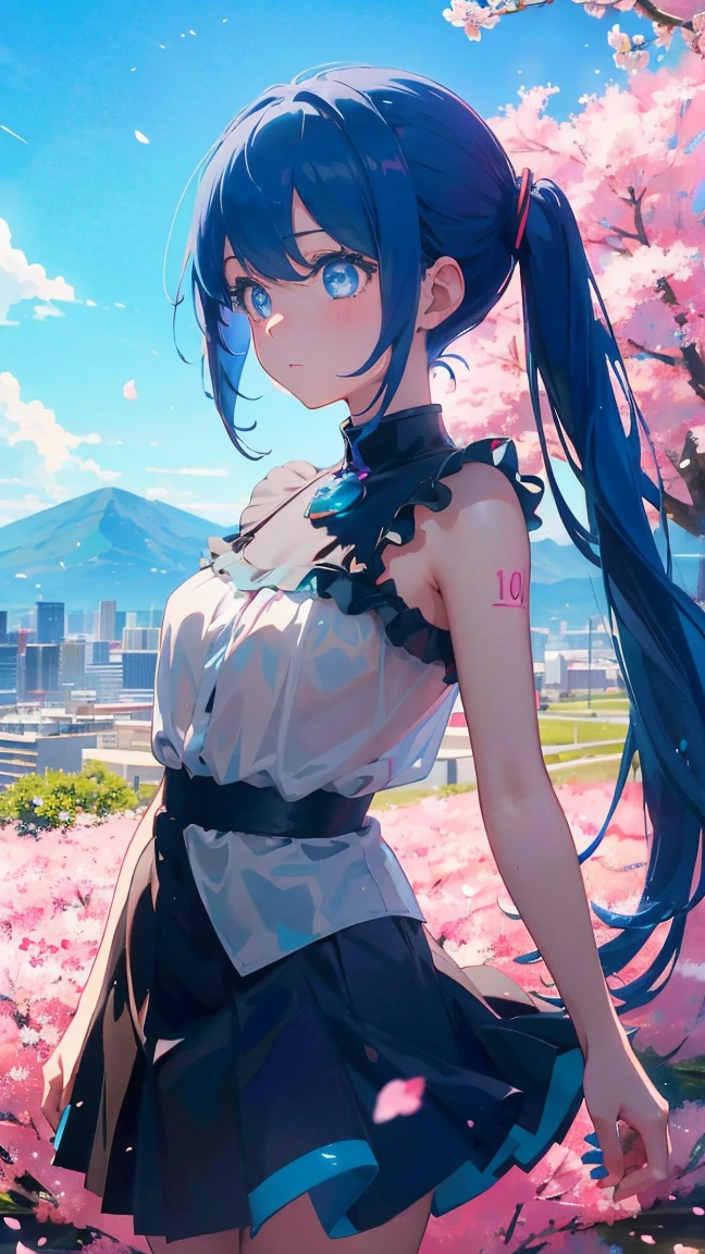 1 anime girl, alone,Black petals flutter, A mysteriously shining butterfly.city,Hatsune Miku,bright blue hair,bright blue jewel eyes,twin tails,thin legs,very clear,highest quality,close up of face,Many cherry blossoms dance in the sky,beautiful blue sky,standing in the middle of the meadow,scenic center