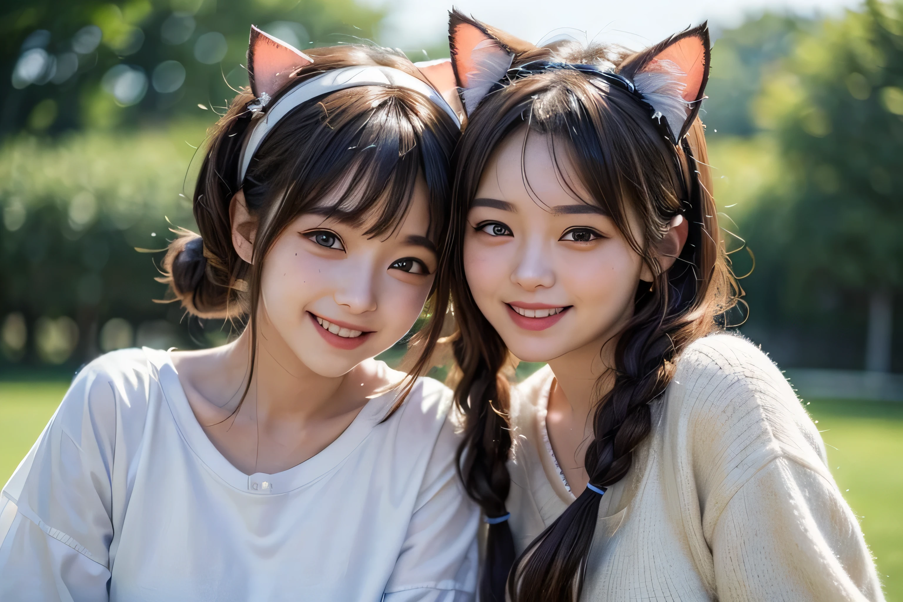 (masterpiece, best quality:1.4), (Realstic, photorealestic:1.37), from the front, (((POV))), bokeh, shallow depth of field, Japanese idol, high school student, big tits, brown Shortcut Hair, twintails, white Cat ear headband, big laugh, cute clothes, girl friend, 2girls
