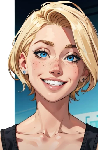 Madelyn Cline, blond asymmetric short hair, blue eyes, pecas, smiling showing teeth