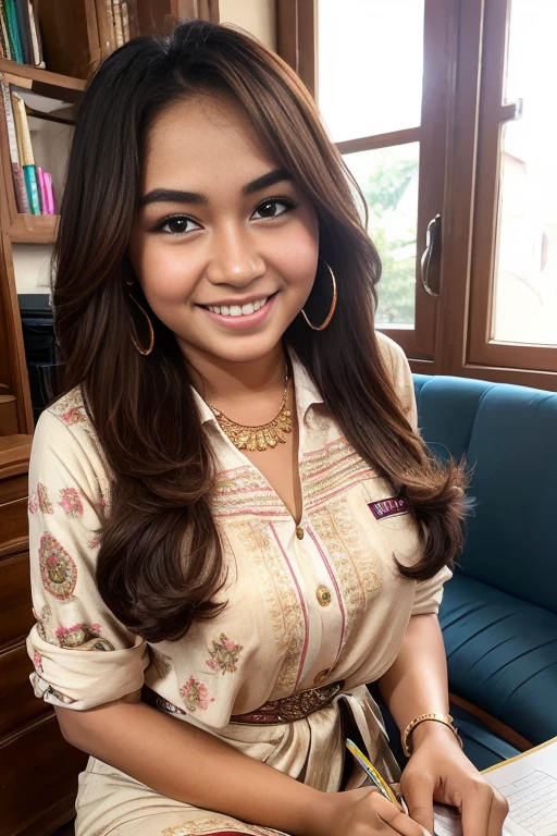 (best quality,4k,8k,highres,masterpiece:1.2),ultra-detailed,(realistic,photorealistic,photo-realistic:1.37),beautiful Indonesian woman with gorgeous eyes and long black hair,classroom setting with a blackboard and desks,sparkling eyes,big and bright smile,wearing a traditional Indonesian batik dress,gold earrings and necklace,detailed facial features like her rosy cheeks and flawless skin,books and notebooks on the desk,pencil and eraser in her hand,creative and studious expression,soft natural lighting,rich and vibrant colors depicting the Indonesian culture,portraits,Indonesian heritage,academic atmosphere,meticulous attention to detail,ethnic diversity in the background,beautiful patterned carpet.