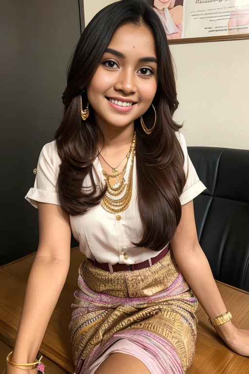 (best quality,4k,8k,highres,masterpiece:1.2),ultra-detailed,(realistic,photorealistic,photo-realistic:1.37),beautiful Indonesian woman with gorgeous eyes and long black hair,classroom setting with a blackboard and desks,sparkling eyes,big and bright smile,wearing a traditional Indonesian batik dress,gold earrings and necklace,detailed facial features like her rosy cheeks and flawless skin,books and notebooks on the desk,pencil and eraser in her hand,creative and studious expression,soft natural lighting,rich and vibrant colors depicting the Indonesian culture,portraits,Indonesian heritage,academic atmosphere,meticulous attention to detail,ethnic diversity in the background,beautiful patterned carpet.