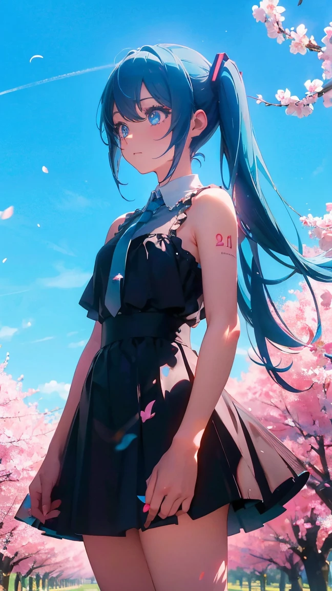 1 anime girl, alone,Black petals flutter, A mysteriously shining butterfly.city,Hatsune Miku,bright blue hair,bright blue jewel eyes,twin tails,thin legs,very clear,highest quality,close up of face,Many cherry blossoms dance in the sky,beautiful blue sky,standing in the middle of the meadow,scenic center