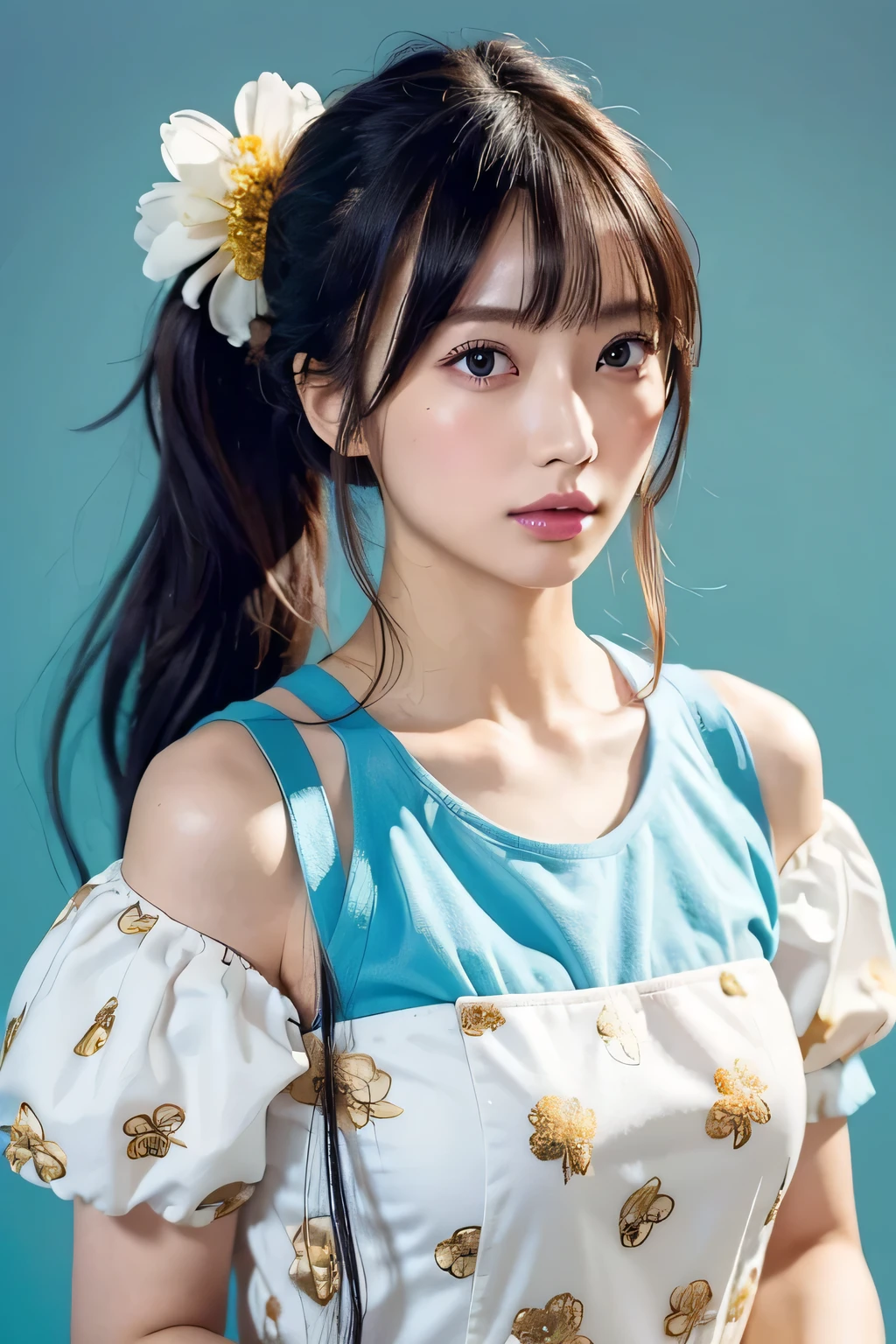 (masterpiece), (highest quality), (super detailed),(messy hair),(figure), (1 girl), (fashionable clothes), Are standing, Fashion Model, looking at the viewer, (interview), (simple background),detailed and beautiful eyes, delicate beautiful face, floating,(high color saturation),(colorful splashes),colorful bubble,(shining), focus on face, ponytail, kamisato ayaka, light blue hair, bangs, hair ring, floating flowers, floating hair, (shining), best writing, best shadow,high nose、no makeup、（narrow eyes）、intellectual