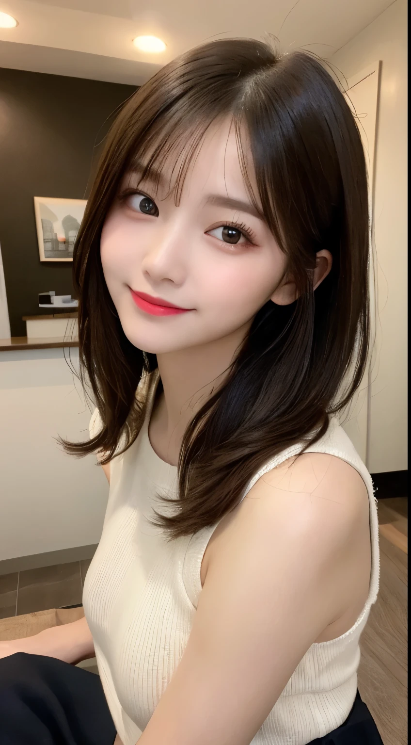 table top, highest quality, shape, Super detailed, finely, High resolution, 8k wallpaper, 完璧なダイナミックな構shape, beautiful and detailed eyes, small breasts,natural color lip, bold sexy pose,smile、20 year old girl、cute、sexy shot looking at camera,Always blur the background,perfect and beautiful face,Take only the face,Beautiful and dense face、slim face and style,Big eyes、Do gal makeup、jumper skirt
