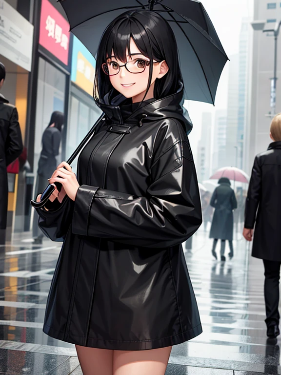 1girl, masterpiece, rain, black hair, brown eyes, smiling, raincoat, holds umbrella, glasses, convention store