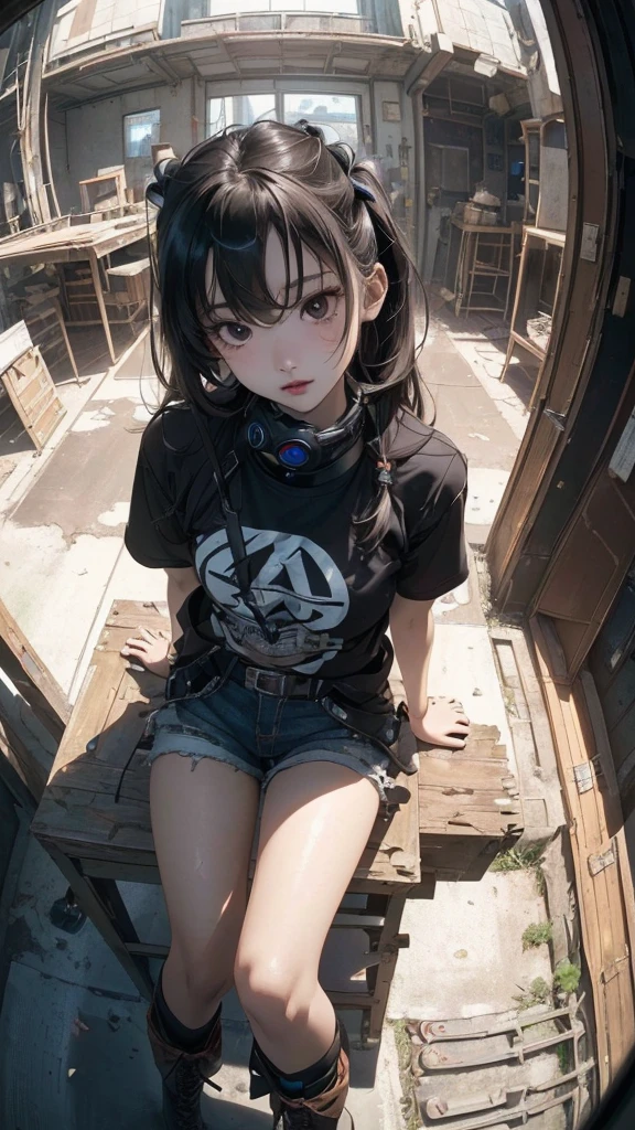 ((Highly detailed CG unit 8k wallpaper, masterpiece, High resolution, highest quality)), (Woman sitting on a rusty oil can, put one&#39;s hand in one&#39;s pocket:1.5, medium hair, Nana Komatsu, Cyberpunk fashion, Wearing micro mini shorts:1.2, wearing boots:1.2), ((highly detailed face, highly detailed black eyes, detailed body, highest qualityのリアルテクスチャスキン)), (Inside a futuristic abandoned building), (Angle from above:1.3, Fisheye Shot:1.5), hyper realistic, digital paint,