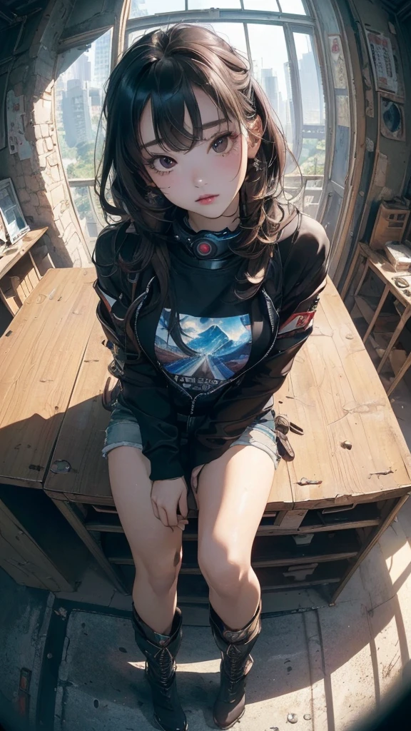 ((Highly detailed CG unit 8k wallpaper, masterpiece, High resolution, highest quality)), (Woman sitting on a rusty oil can, put one&#39;s hand in one&#39;s pocket:1.5, medium hair, Nana Komatsu, Cyberpunk fashion, Wearing micro mini shorts:1.2, wearing boots:1.2), ((highly detailed face, highly detailed black eyes, detailed body, highest qualityのリアルテクスチャスキン)), (Inside a futuristic abandoned building), (Angle from above:1.3, Fisheye Shot:1.5), hyper realistic, digital paint,