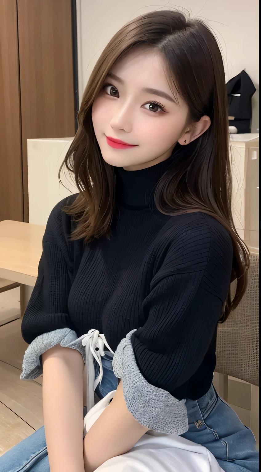table top, highest quality, shape, Super detailed, finely, High resolution, 8k wallpaper, 完璧なダイナミックな構shape, beautiful and detailed eyes, small breasts,natural color lip, bold sexy pose,smile、20 year old girl、cute、sexy shot looking at camera,Always blur the background,perfect and beautiful face,Take only the face,Beautiful and dense face、slim face and style,Big eyes、Do gal makeup、jumper skirt
