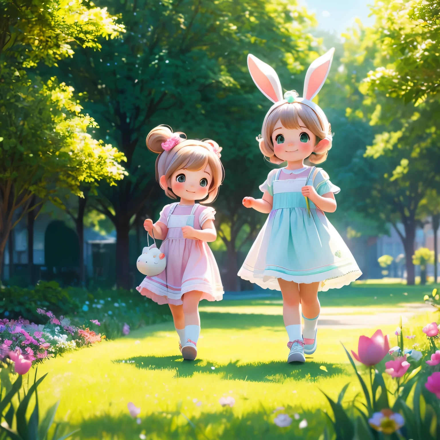 (photorealistic:1.37)、octane rendering、Morning park、Walk with a rabbit doll、Girl has twin tail hairstyle and smiles、Bright colors、soft sunlight、beautiful flower、green grass、playful atmosphere、peaceful environment、detailed texture、Bright colors、cute shoes with accessories、He looks happy