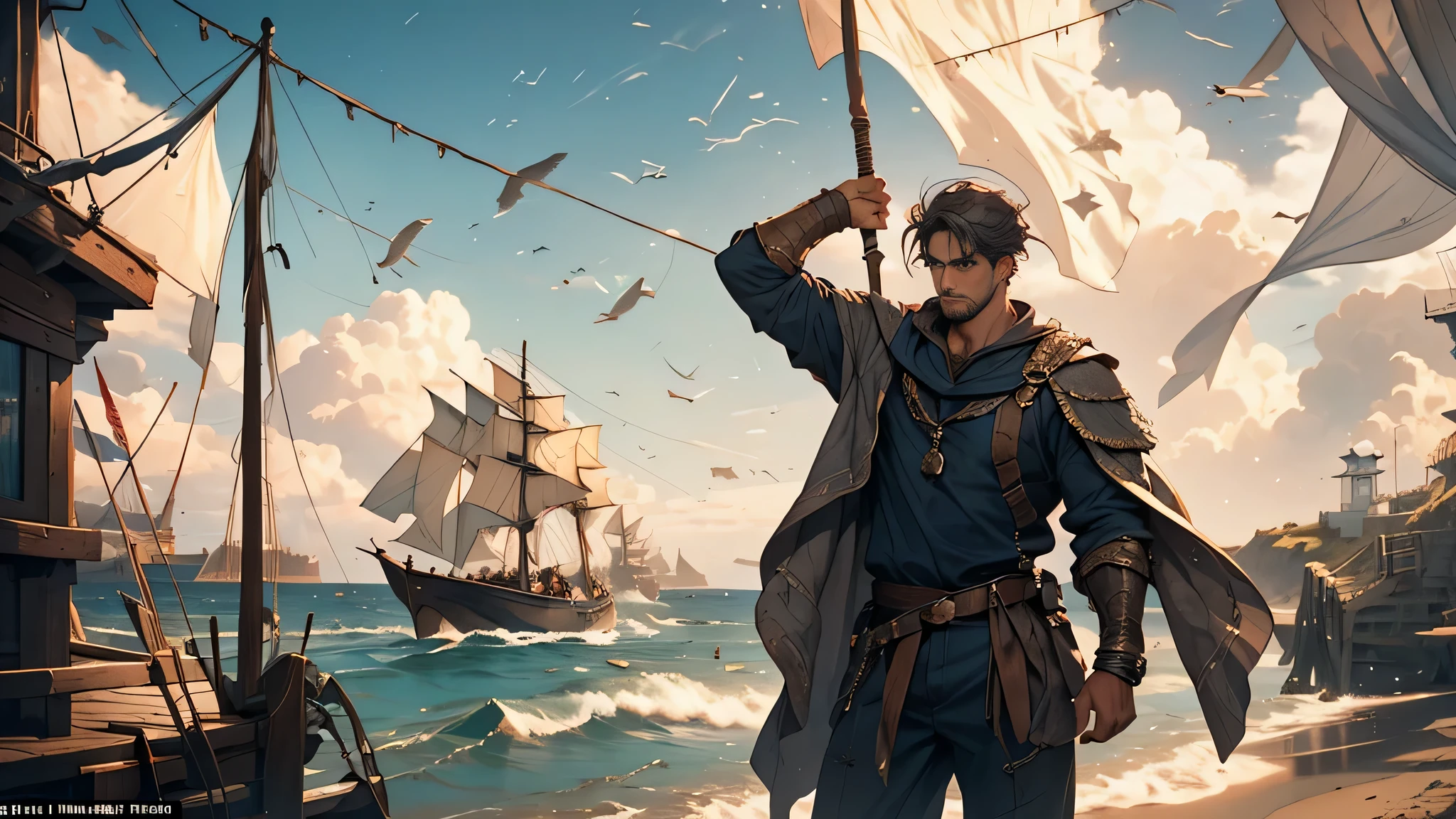 A medieval fantasy-themed image featuring a handsome sailor in their 20s, casting a net while dressed as a commoner. The setting includes a seaside backdrop with rugged cliffs, The sailor is depicted with weathered clothing, a rugged demeanor, and a sense of adventure. The composition is dynamic and visually striking, emphasizing the sailor's action.