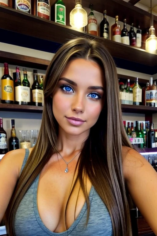 Una chica muy sexy, long light brown hair, ojos azul claro, ,muy sexy y realista ,ella esta haciendose un selfie ,y tiene echas las trenzas brasilianas ,esta en un bar con una amiga y estan tomando cerveza las dos