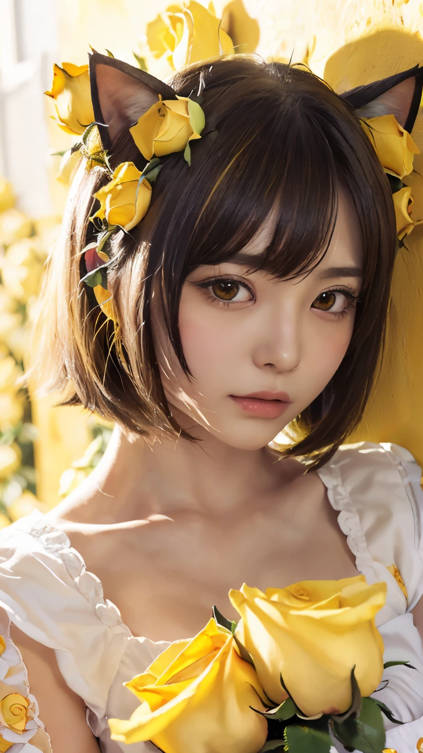 (Emo art:1.6), masterpiece, 4k, Bokeh, high school girls, beautiful face,  (Cat ears:1.3), (Yellow bob hair:1.6) , (Japanese idol:1.6), Blushed face, (Yellow maid costume :1.4), looking at the viewer, closeup, 
 (Yellow background :1.4), ( many Yellow roses wall:1.6)