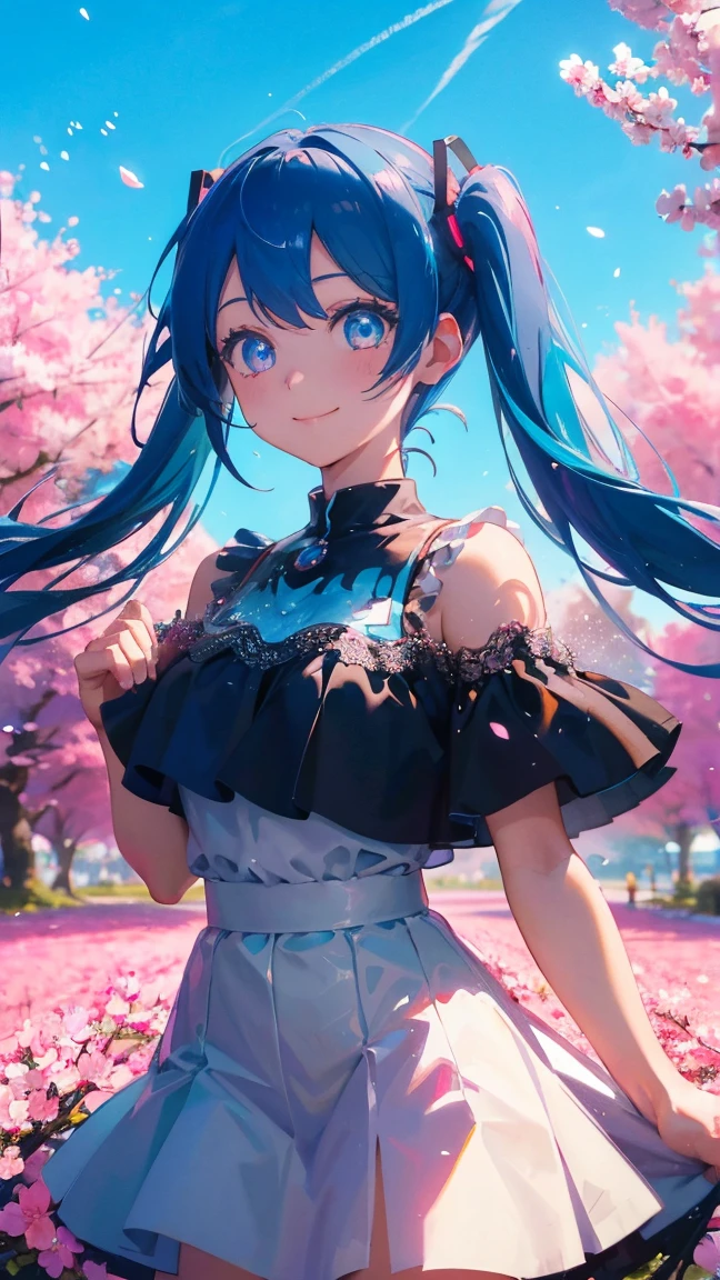 1 anime girl, alone,Black petals flutter, A mysteriously shining butterfly.city,Hatsune Miku,bright blue hair,bright blue jewel eyes,twin tails,thin legs,very clear,highest quality,close up of face,Many cherry blossoms dance in the sky,beautiful blue sky,Standing in the middle of a row of cherry blossom trees,lots of water droplets,smile