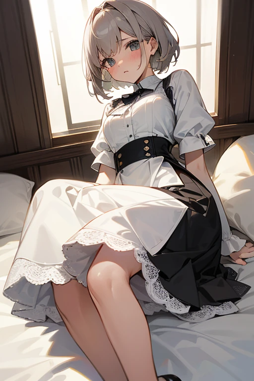 Girl, short hair, pale Lolita skirt, lace white socks, bed, nudity, seduction, --auto --s2