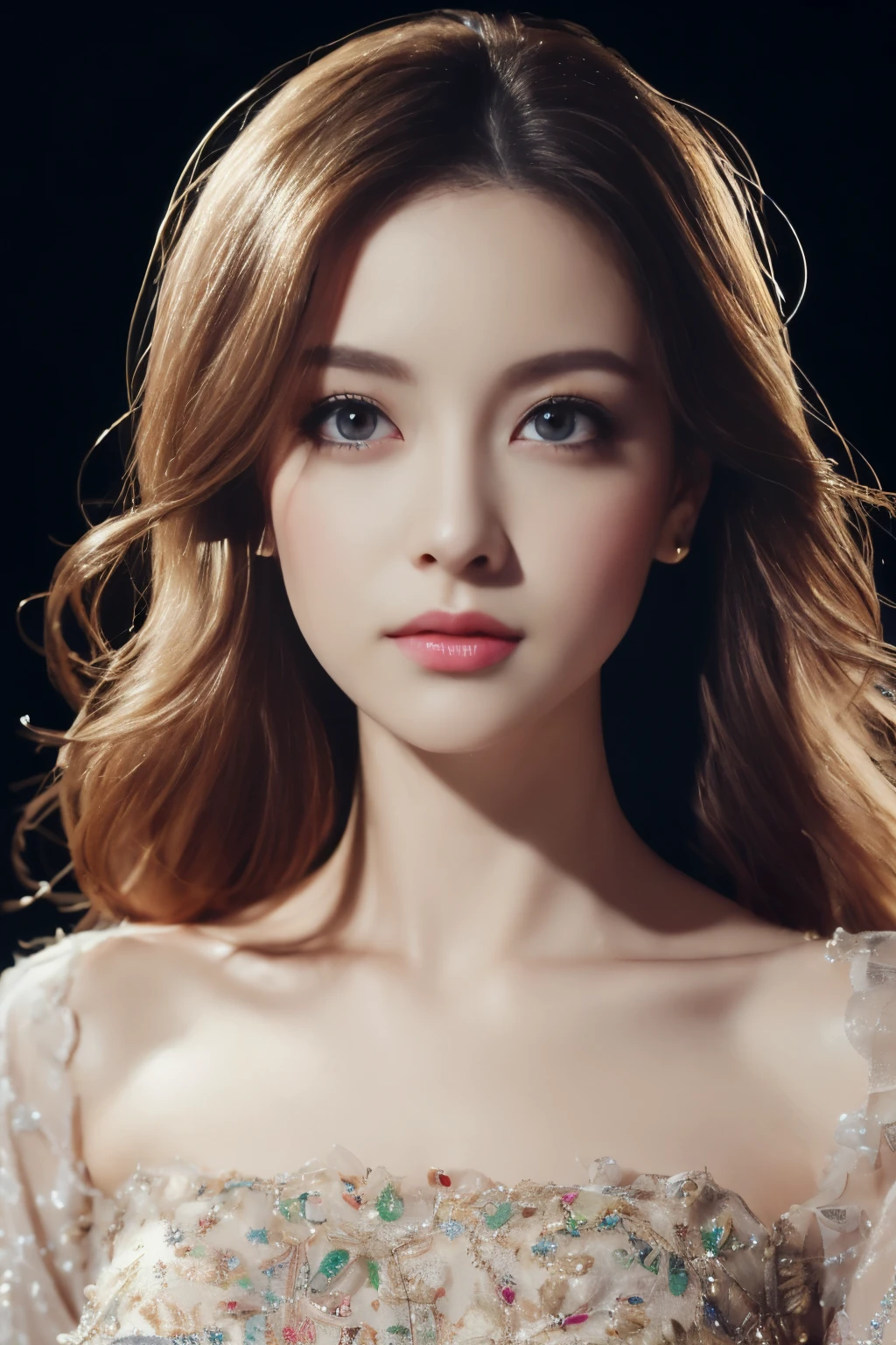 (8K, Raw photo, realistic:1.25) ,( lip gloss,glossy finish, Glossy skin, highest quality, 超A high resolution, chromatic aberration, caustics, wide light, natural shadow) Gazing at the audience with a calm and goddess-like blissful expression,(Depth of the bounds written:1.6), (Colorful unfocused lights as background:1.2) ,Very natural makeup,Big eyes.eyes that tend to look downcast. the distant gaze reflected in her eyes、(Chic and classy dresses)(Stylish like a professional model)、radio city、medium hair
