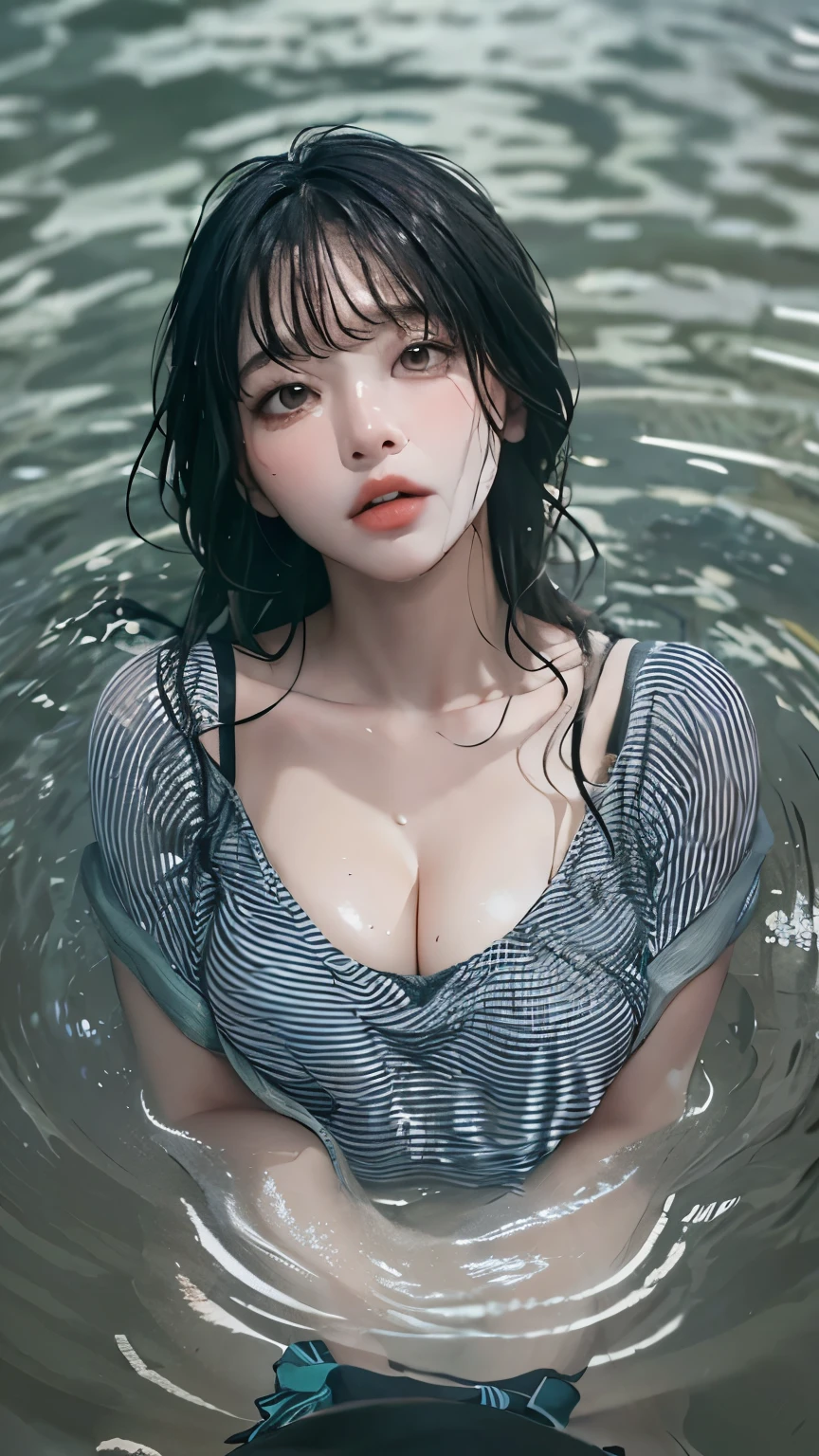 (Composition from directly above, look straight here), (1 girl), (lying in the water, On my back, soak one&#39;head under water), dripping, medium breasts, underboob, crack, vertical stripes, transparent fabric, masterpiece, highest quality, (dark photo: 1.3), realistic, ((1 female)), 28 years old, flat bangs, A wonderfully symmetrical and innocent face, bare shoulders, Emotional, Ulzzang, (face to face with the children_V1:0.7), cup of coffee, dripping, medium breasts, underboob