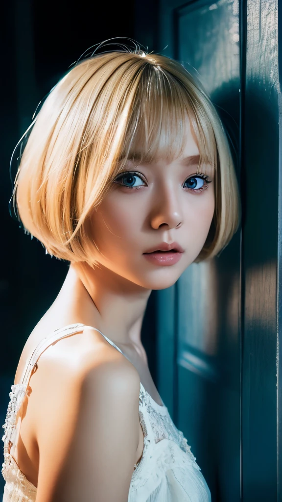 A blonde short haired sweeden girl, bob cut, bang, blue eyes, , very young, pale skin, wearing a white lace sleeveless shirt, peeking behind a door, feeling anxiety, sad, sweaty, Ultra high res, uhd, (photorealistic:1.4), coboy shot, doll-like face, in a dark room dramatic lighting