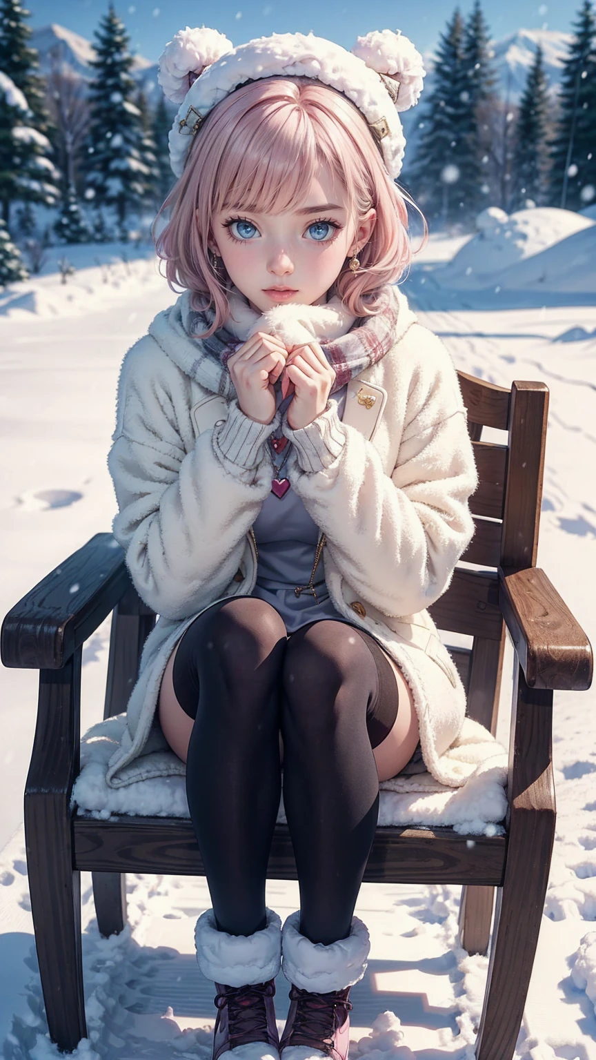 masterpiece,highest quality,(1 milf),short hair,light pink hair,curly hair,Shut, 一人in, zoom layer, long hair, in, black eye, Jacket, coat,heart, sleeines past wrists, looking at iniewer, bangs, white headwear, leg warmers, blush, necklace, (pink Jacket), sweater, loose socks, full body, jewelry, fur trim, pom pom (Clothes), socks, pantyhose, long sleeines, parted lips,full body,(Tsundere:1.3),(we say:1.2),hair ornaments,レースinトリミングされたヘアバンド ,combat readiness,(compensate:1.2), (eyelash),(heainy breathing:1.3), (Severe),earrings, necklace, Princess,(white) Thighhighs,looking at iniewer,medium breasts,white fur-trimmed_boots,sweater,(scarf,)dynamic pose,
Mountain, snow,scenery,outdoor,Chair,winter,,(snowing:1.2), snowflakes,