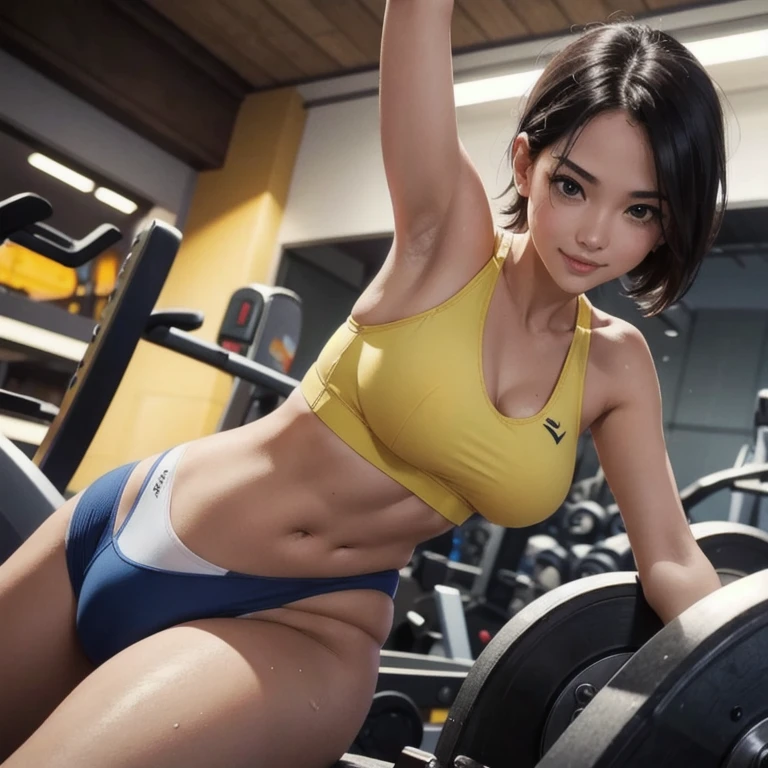 photography of a 28yo woman, perfect face, masterpiece, yellow sport bra, rise two arms, show armpit, sweaty body, sweaty armpit, short hair, medium breast, smile, sport body, at the gym, lazy pose.