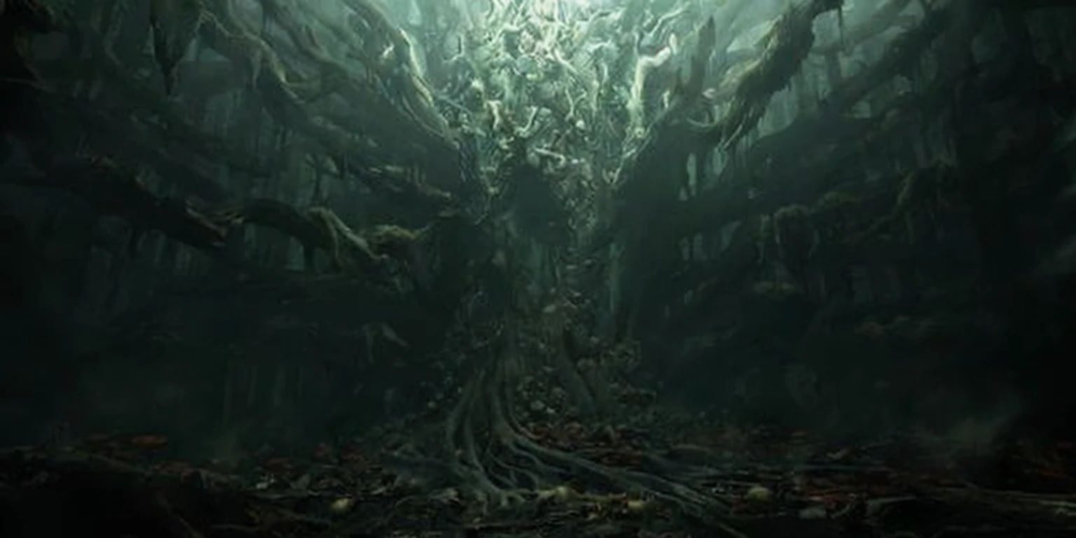 （）Big tree with roots in the forest, The book is full of animal bones。1.7）Dark Forest concept art, Complex environment, lovecraftian landscape, Complex environment - n 9, dark movie concept art, CG society 4k”, Realistic dark concept art, Lovecraftian atmosphere, Dark fantasy environment, tomasz alen kopera and CG society, CG society )