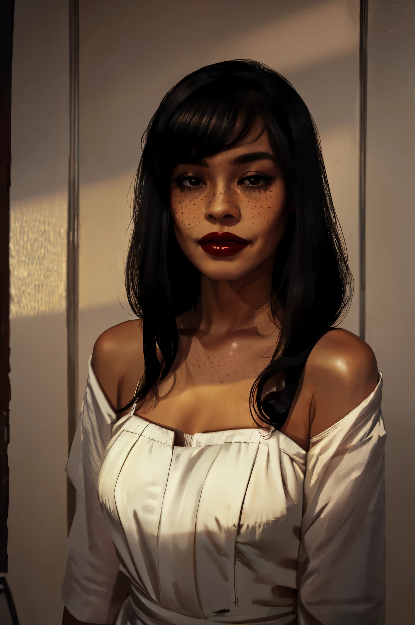 master piece, best quality, portrait, female, light skin, black hair, black eyes, red lips, freckles, fringe