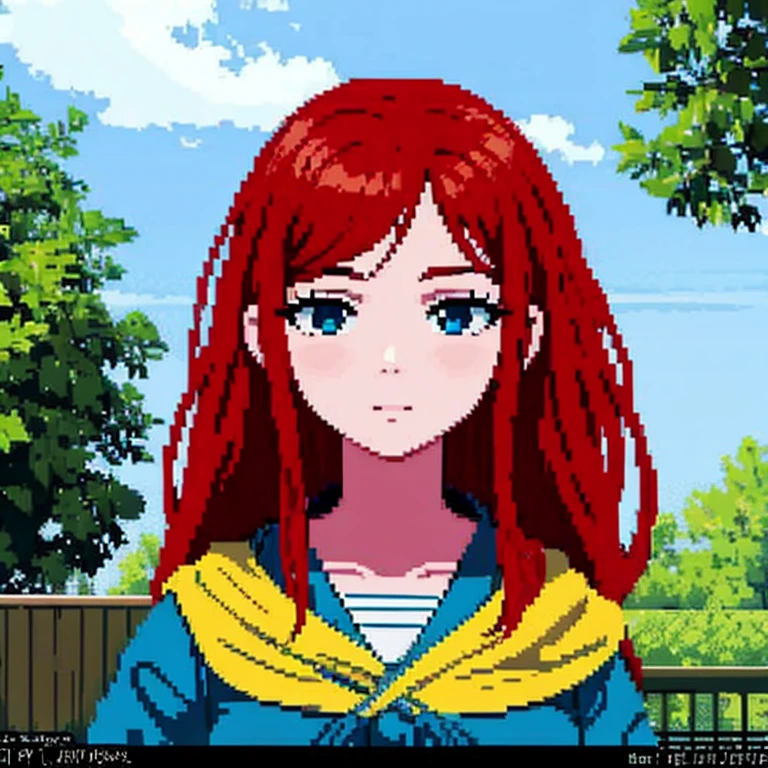 Retrato de bonita 2d, pixel art, foco no rosto, her hair is red, ruiva