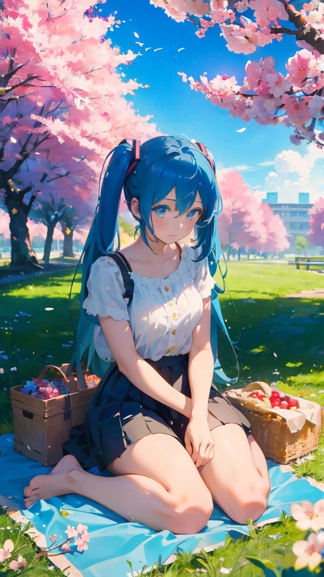 1 anime girl, alone,Black petals flutter, A mysteriously shining butterfly.city,Hatsune Miku,bright blue hair,bright blue jewel eyes,twin tails,thin legs,very clear,highest quality,close up of face,Many cherry blossoms dance in the sky,beautiful blue sky,the middle of rows of cherry trees,lots of water droplets,Sitting in the steppe,Look up at the sky,barefoot,picnic