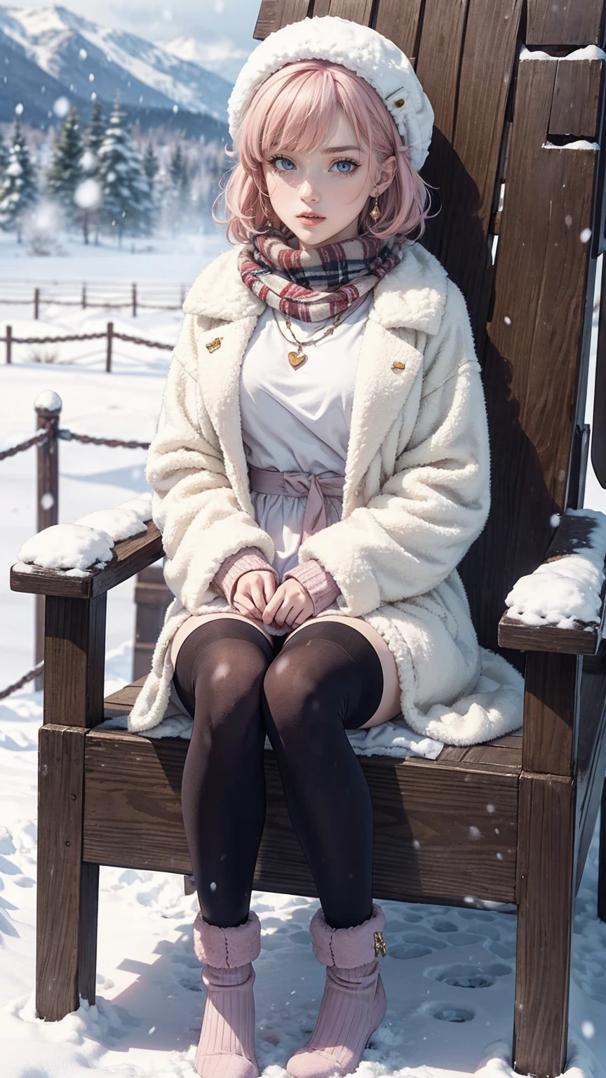 masterpiece,highest quality,(1 milf),short hair,light pink hair,curly hair,Shut, 一人in, zoom layer, long hair, in, black eye, Jacket, coat,heart, sleeines past wrists, looking at iniewer, bangs, white headwear, leg warmers, blush, necklace, (pink Jacket), sweater, loose socks, full body, jewelry, fur trim, pom pom (Clothes), socks, pantyhose, long sleeines, parted lips,full body,(Tsundere:1.3),(we say:1.2),hair ornaments,レースinトリミングされたヘアバンド ,combat readiness,(compensate:1.2), (eyelash),(heainy breathing:1.3), (Severe),earrings, necklace, Princess,(white) Thighhighs,looking at iniewer,medium breasts,white fur-trimmed_boots,sweater,(scarf,)dynamic pose,

Mountain, snow,scenery,outdoor,Chair,winter,,(snowing:1.2), snowflakes,