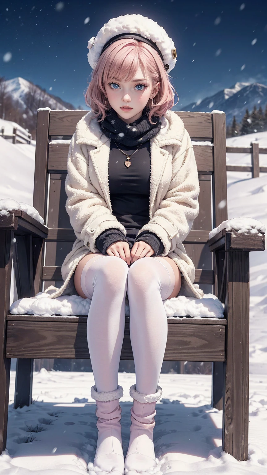 masterpiece,highest quality,(1 milf),short hair,light pink hair,curly hair,Shut, 一人in, zoom layer, long hair, in, black eye, Jacket, coat,heart, sleeines past wrists, looking at iniewer, bangs, white headwear, leg warmers, blush, necklace, (pink Jacket), sweater, loose socks, full body, jewelry, fur trim, pom pom (Clothes), socks, pantyhose, long sleeines, parted lips,full body,(Tsundere:1.3),(we say:1.2),hair ornaments,レースinトリミングされたヘアバンド ,combat readiness,(compensate:1.2), (eyelash),(heainy breathing:1.3), (Severe),earrings, necklace, Princess,(white) Thighhighs,looking at iniewer,medium breasts,white fur-trimmed_boots,sweater,(scarf,)dynamic pose,
Mountain, snow,scenery,outdoor,Chair,winter,,(snowing:1.2), snowflakes,