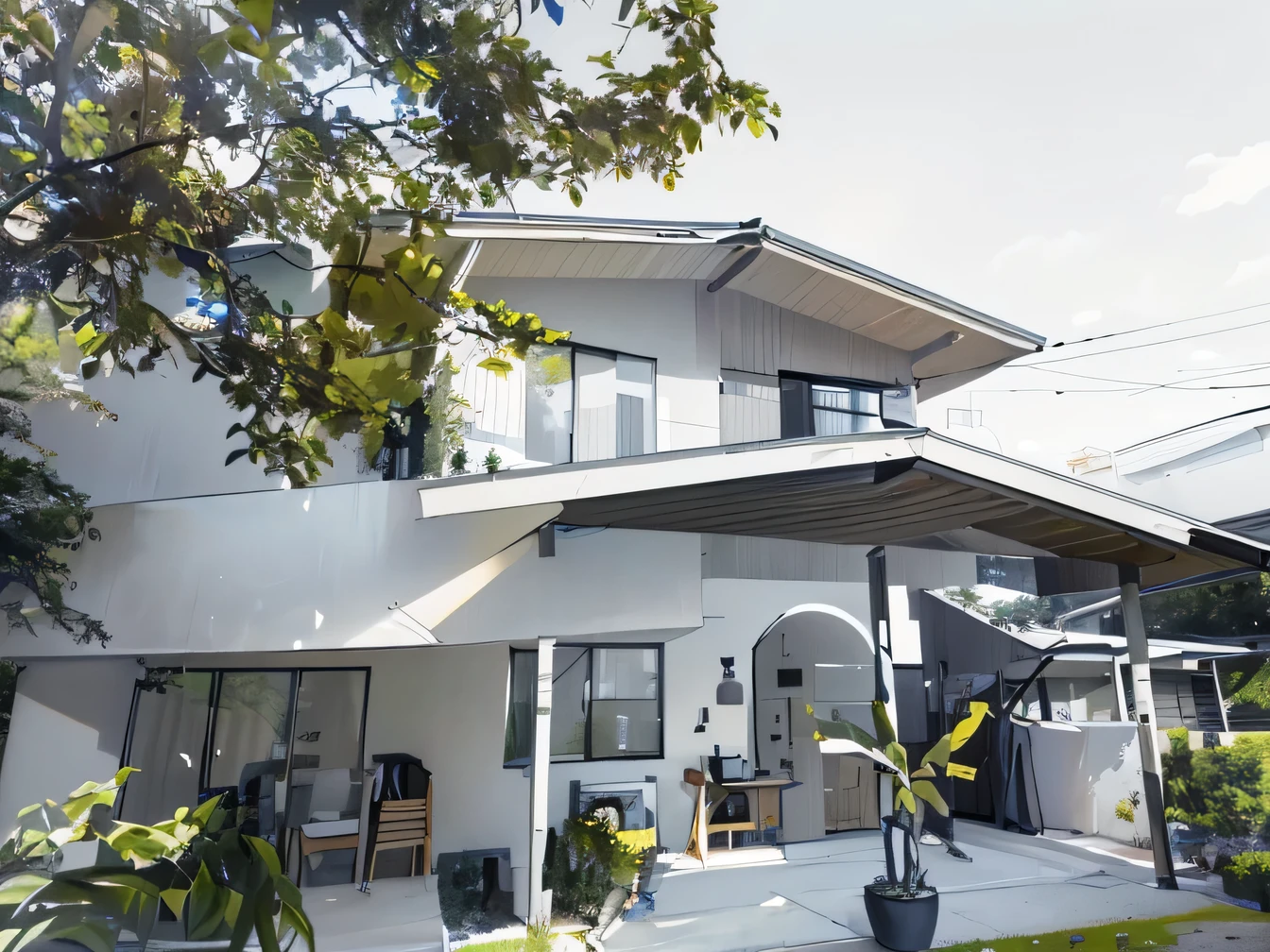 color photo of a modern and minimalist grey-colored Midcentury home. The house exudes an elegant and sophisticated vibe with its sleek lines, clean design, and neutral color palette. The exterior of the home is painted in a beautiful shade of grey, which perfectly complements the surrounding landscape. Large windows allow an abundance of natural light to flood the interior, creating a bright and airy atmosphere. The architectural details, such as the flat roof, angular shapes, and minimalistic landscaping, add to the overall contemporary aesthetic of the house. This grey Midcentury home stands as a timeless masterpiece, blending seamlessly with its surroundings