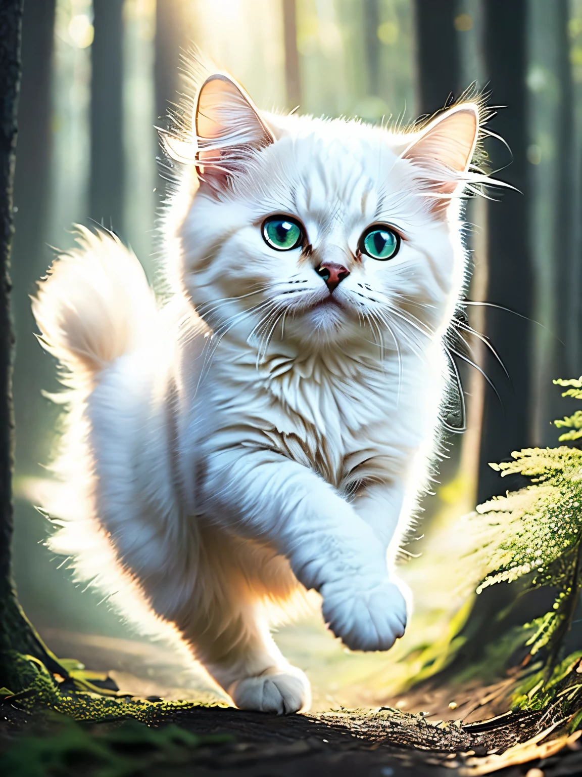 Close-up photo of a super fluffy white kitten jumping so cute in the forest, soft volume light, (with backlight:1.3), (cinematic:1.2), intricate details, (art station:1.3), rutkowski