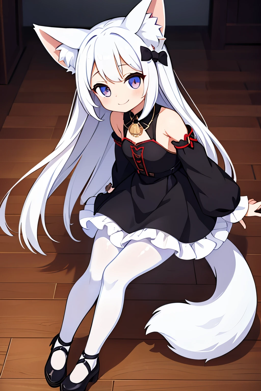 A girl with impressive white hair、Fox ears and tail、Hair Ornament、Black pantyhose、No sleeve、smile、cute shoes with accessories