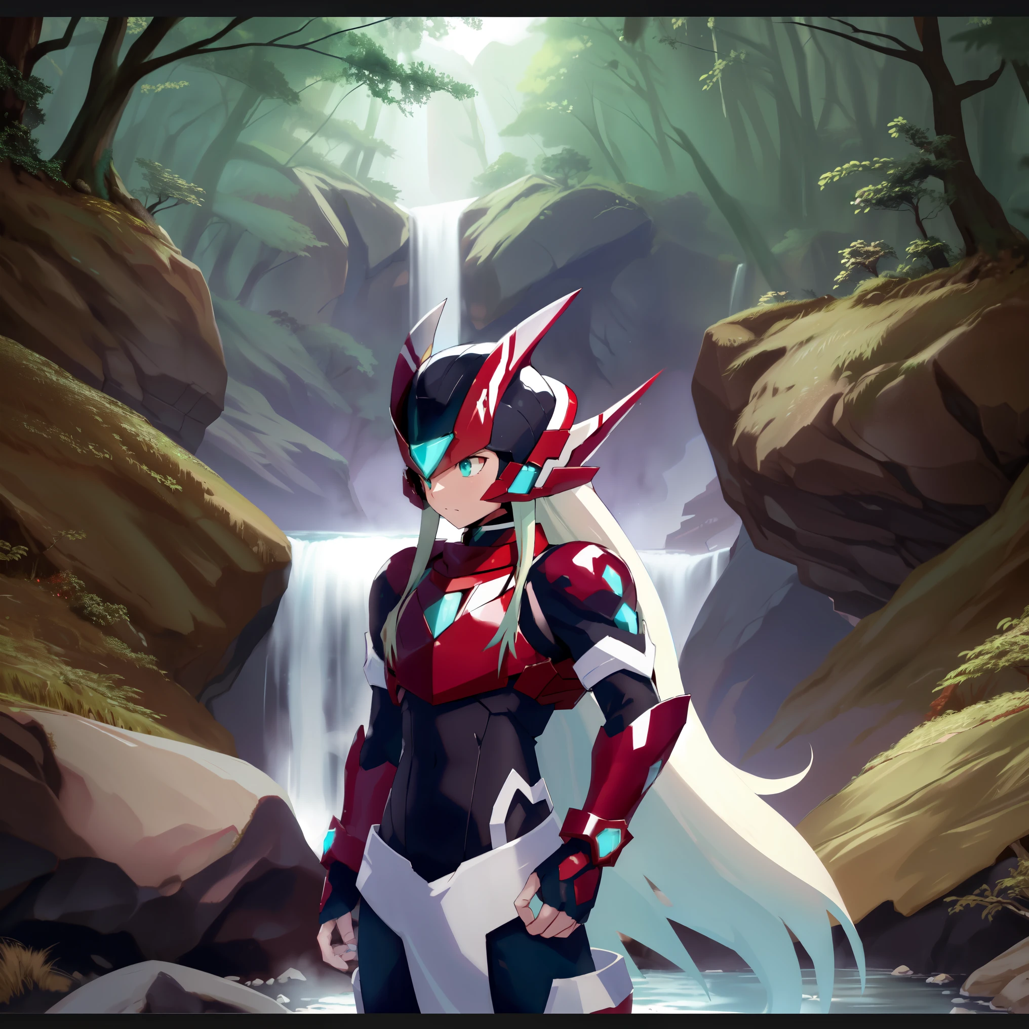 megzeromyth2023, 1boy, long white hair, red armor, green energy sword, high quality, masterpiece, in a dark forest looking out at a waterfall, in the style of ultra detailed, dark cyan and light bronze, eye-catching tags, physically based rendering, depictions of inclement weather, heavy shading, landscape inspirations