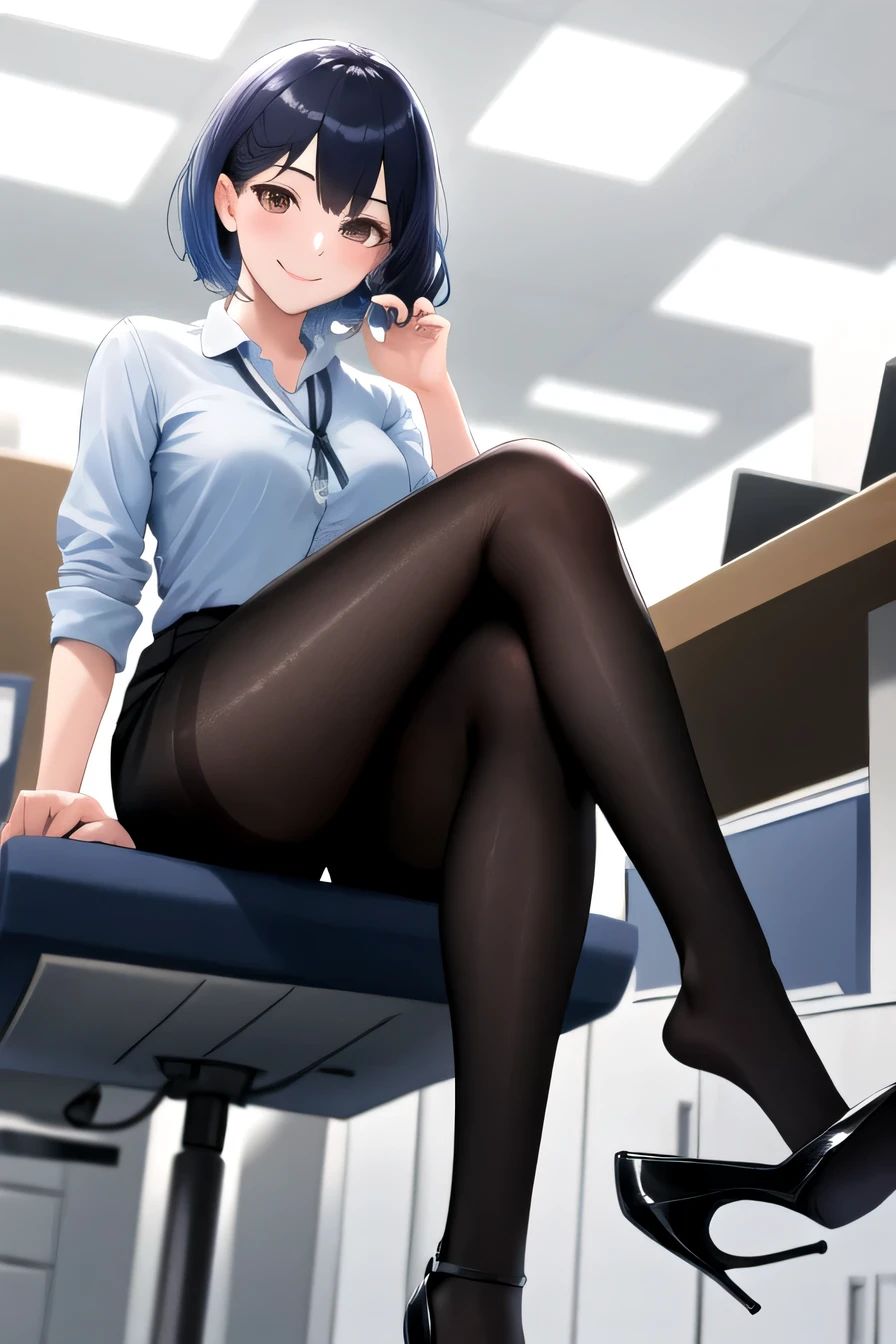 masterpiece, highest quality, High resolution, 1girl High heels hanging down, sitting cross-legged, office lady、Smile hairstyle short cut、black tights