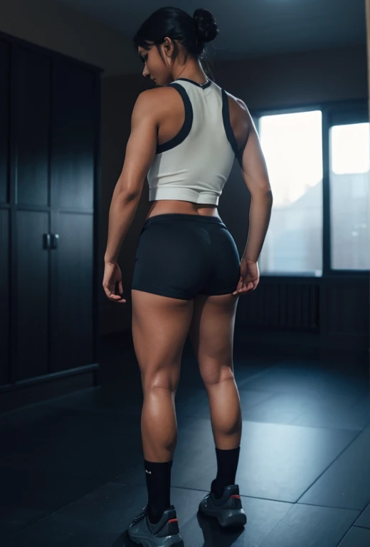 Maki Zenin, a woman in black shorts and no shirt standing in a room, in Total growth behind, Total growth behind, sports physique, Pose de costas, coxas musculosas, long shot from behind, attractive sports physique, tiro longo pelas costas, corpo perfeito e proporcional, slim, muscular build, from behind, Modelo feminino 