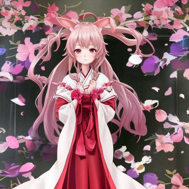 masterpiece, highest quality, (Highly detailed CG unit 8k wallpaper) (highest quality), (best illustrations), (best shadow) A beautiful girl wearing rabbit ears  with falling cherry blossom petals, a twin-tailed braided hairstyle, pink hair color, two-dimensional red eyes, wearing a Taisho romantic hakama.　The hakama is a skirt-like pant worn with a kimono the skirt is dark purple red and white checked kimono alone