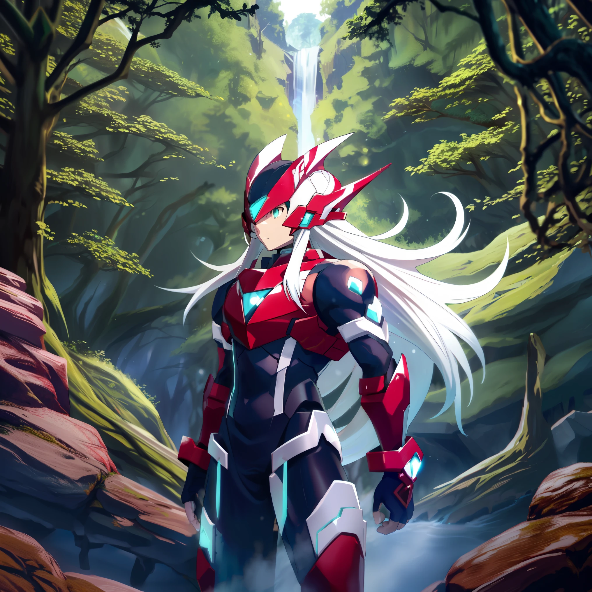 megzeromyth2023, 1boy, long white hair, red armor, green energy sword, high quality, masterpiece, in a dark forest looking out at a waterfall, in the style of ultra detailed, dark cyan and light bronze, eye-catching tags, physically based rendering, depictions of inclement weather, heavy shading, landscape inspirations