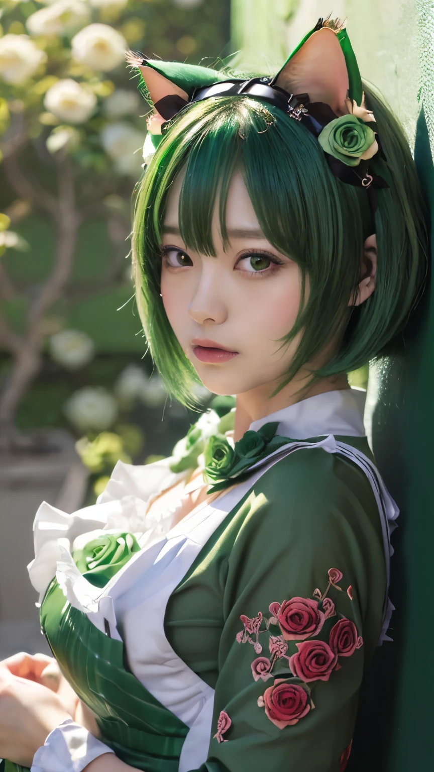 (Emo art:1.6), masterpiece, 4k, Bokeh, high school girls, beautiful face, (Cat ears:1.3), (Green bob hair:1.6) , (Japanese idol:1.6), Blushed face, (Green maid costume :1.4), looking at the viewer, closeup,
(Green background :1.4), ( many Green roses wall:1.6)
