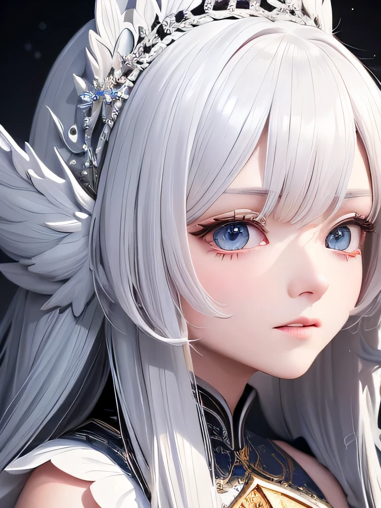 A close up of a person with long, flowing white hair and adorned in a beautiful, intricately detailed dress, reminiscent of a character from Li Chevalier, trending on CG Society. This process art showcases the high-detailed official artwork, revealing each textured strand of hair and the subtle gradient highlights in the dress. The white-haired deity's gentle gaze elsewhere adds an enchanting element to the piece. The anime-inspired portrait exudes cuteness with its detailed digital art style and white, mesmerizing eyes. These captivating elements make this detailed anime character art from Arknights a must-see, along with the key anime art, featuring