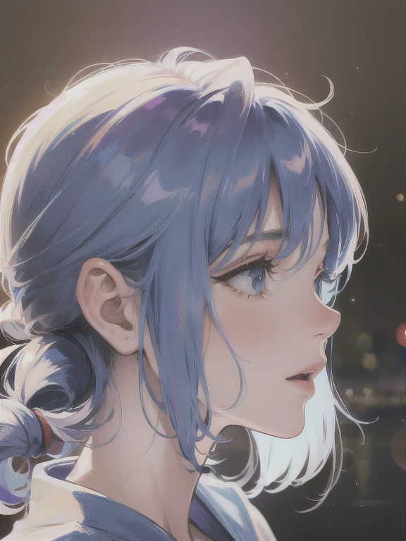 (((1 woman)))、(highest resolution、clear_image) best quality、(((pop)))、1990s、((colorful background))、((illuminate))、very detailed、semi-realistic、sky blue hair、((hairstyle I made、laughter、bangs、25 years old、young、((T-shirt))、delicate facial features facial features、side view、 profile、((fine eyes))