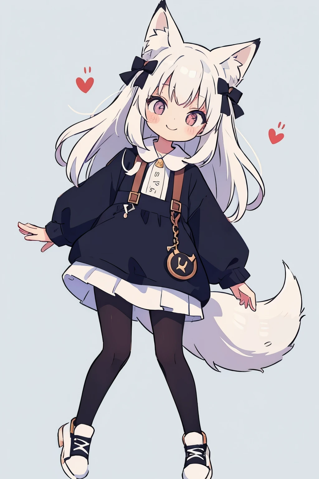 A girl with impressive white hair、Fox ears and tail、Hair Ornament、Black pantyhose、No sleeve、smile、cute shoes with accessories